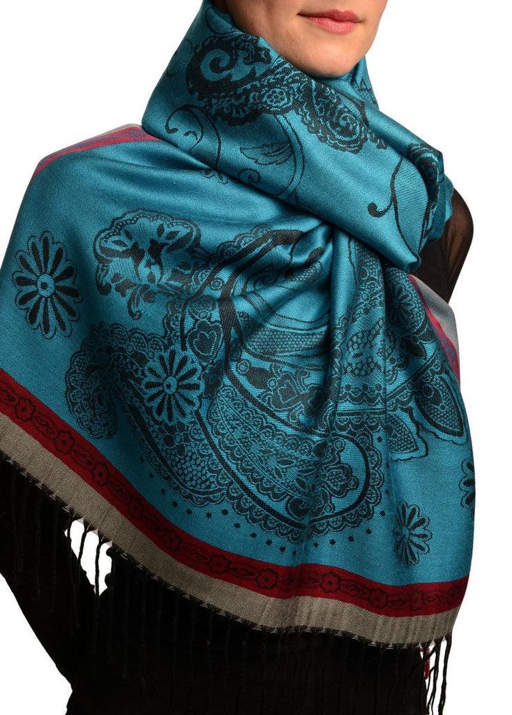 Liss Kiss Red Frame & Paisleys On Cerulean Blue Pashmina Feel With Tassels - Scarf