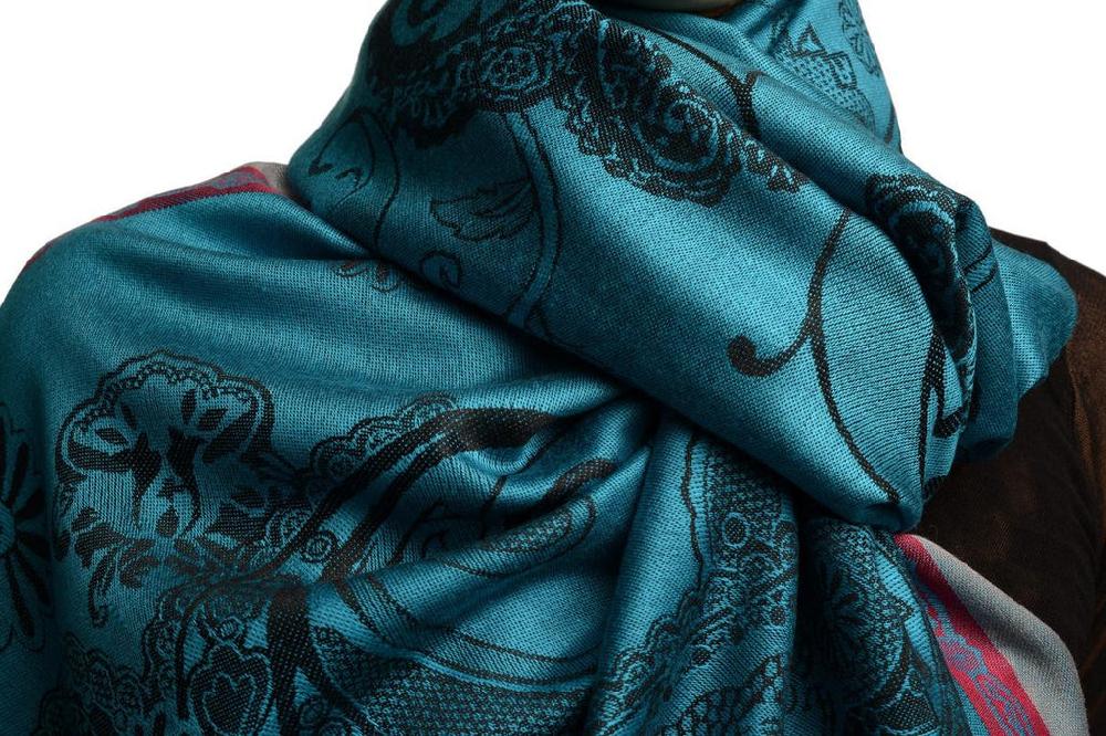 Liss Kiss Red Frame & Paisleys On Cerulean Blue Pashmina Feel With Tassels - Scarf