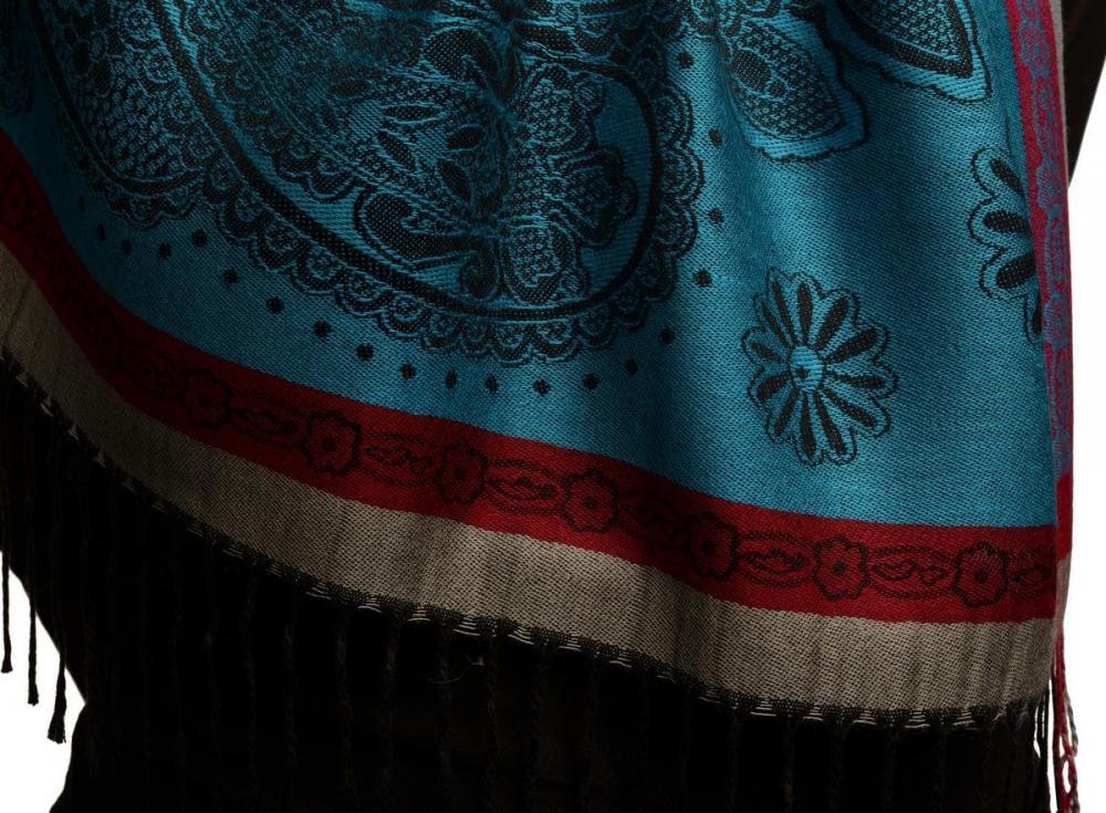 Liss Kiss Red Frame & Paisleys On Cerulean Blue Pashmina Feel With Tassels - Scarf