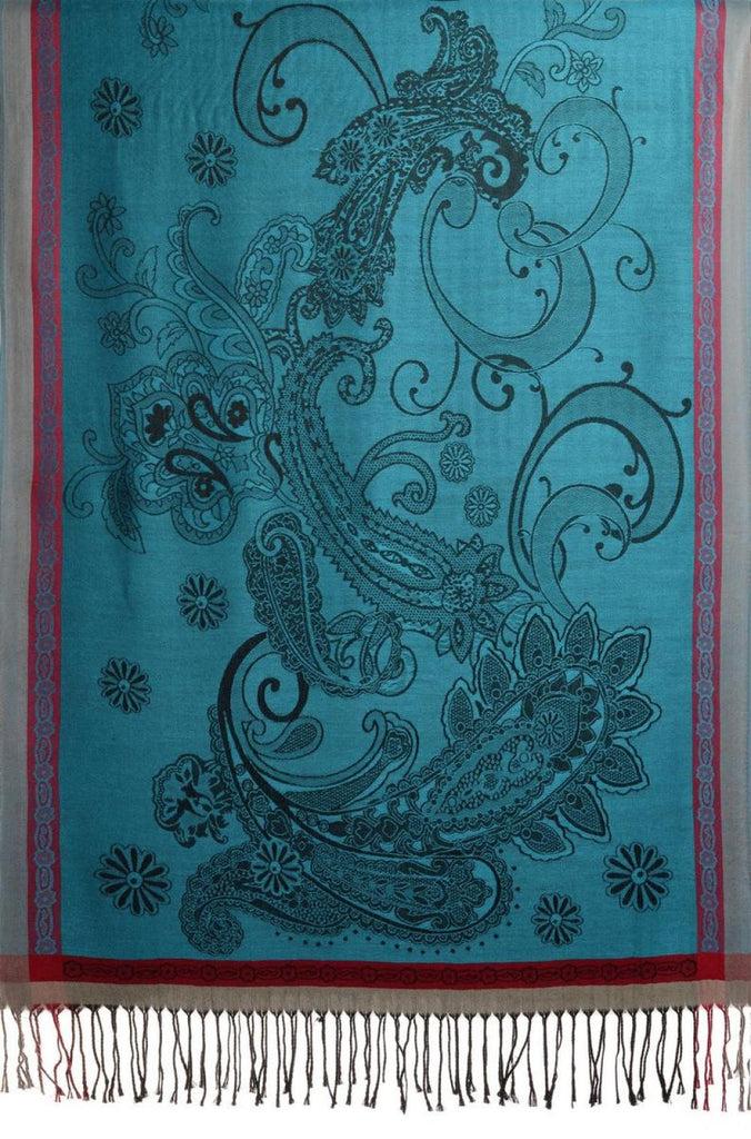 Liss Kiss Red Frame & Paisleys On Cerulean Blue Pashmina Feel With Tassels - Scarf