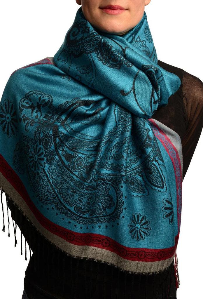 liss kiss Red Frame & Paisleys On Cerulean Blue Pashmina Feel With Tassels - Scarf