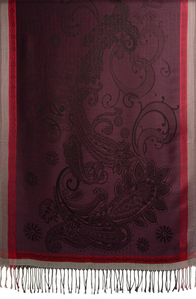 Liss Kiss Red Frame & Paisleys On Dark Purple Pashmina Feel With Tassels - Scarf