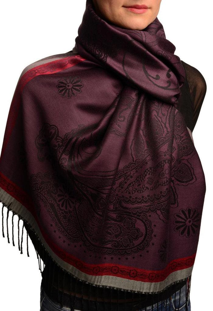 Liss Kiss Red Frame & Paisleys On Dark Purple Pashmina Feel With Tassels - Scarf