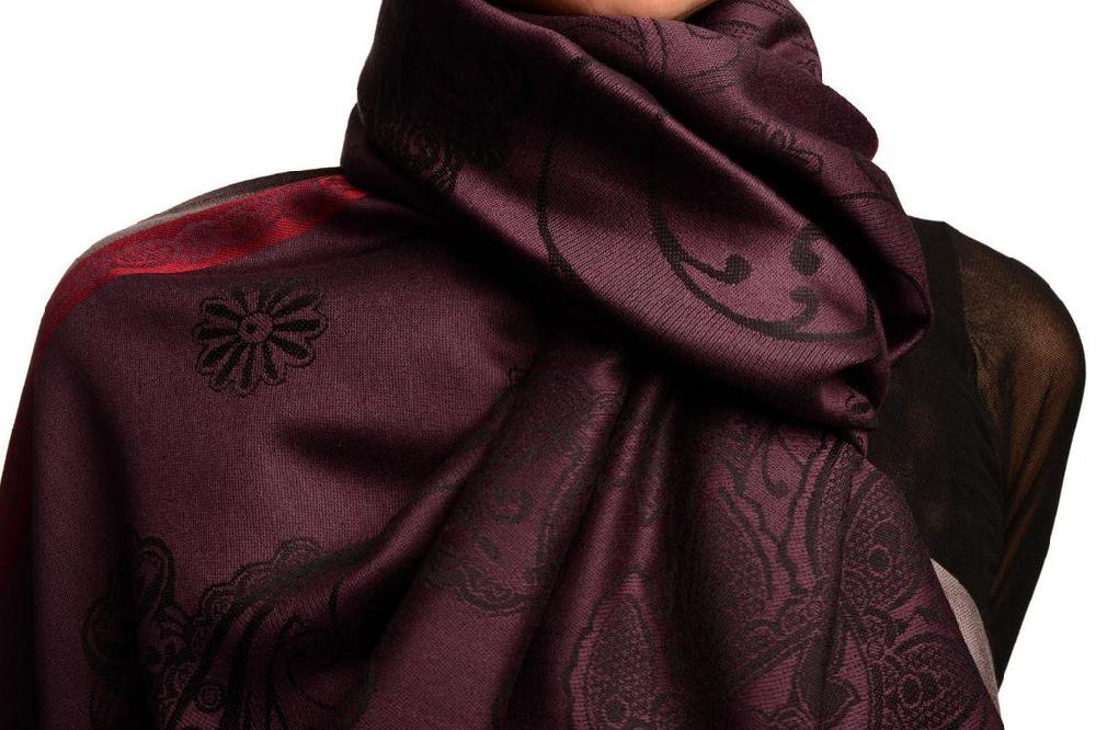 Liss Kiss Red Frame & Paisleys On Dark Purple Pashmina Feel With Tassels - Scarf