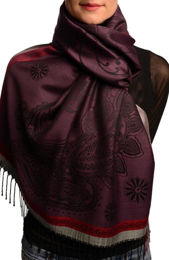 liss kiss Red Frame & Paisleys On Dark Purple Pashmina Feel With Tassels - Scarf