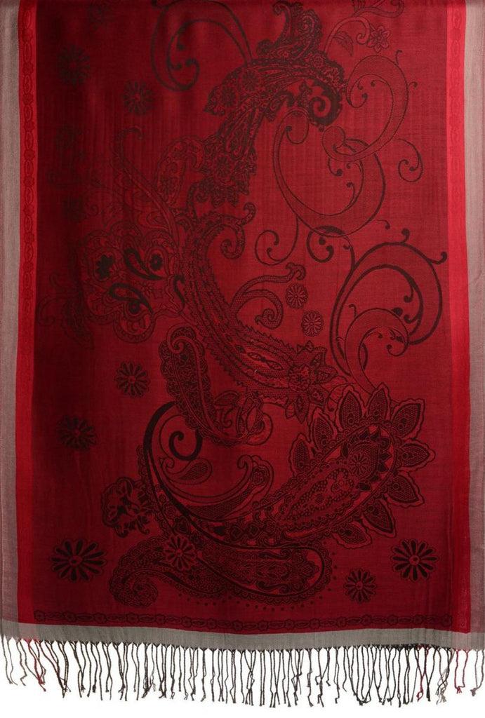 Liss Kiss Red Frame & Paisleys On Dark Red Pashmina Feel With Tassels - Scarf