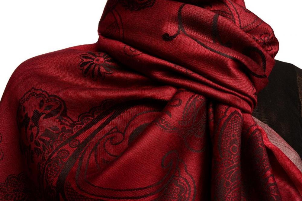 Liss Kiss Red Frame & Paisleys On Dark Red Pashmina Feel With Tassels - Scarf