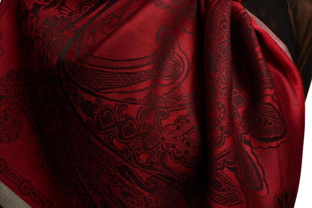 Liss Kiss Red Frame & Paisleys On Dark Red Pashmina Feel With Tassels - Scarf