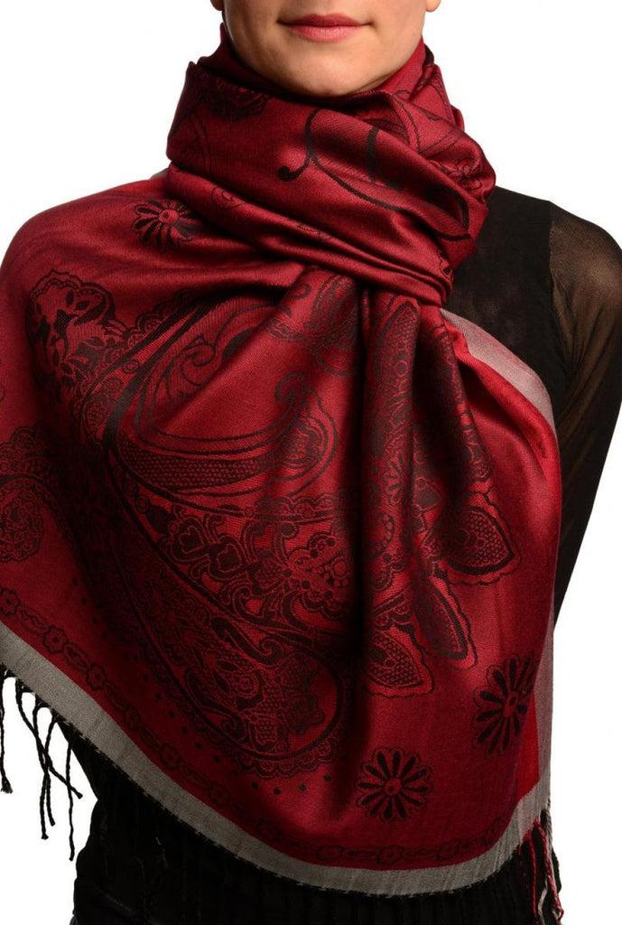 liss kiss Red Frame & Paisleys On Dark Red Pashmina Feel With Tassels - Scarf