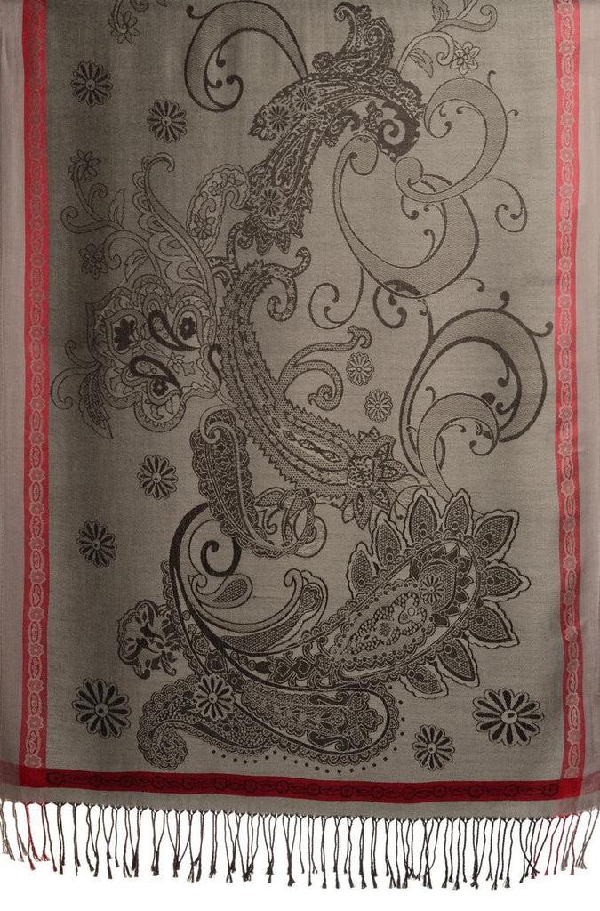 Liss Kiss Red Frame & Paisleys On Grey Pashmina Feel With Tassels - Scarf