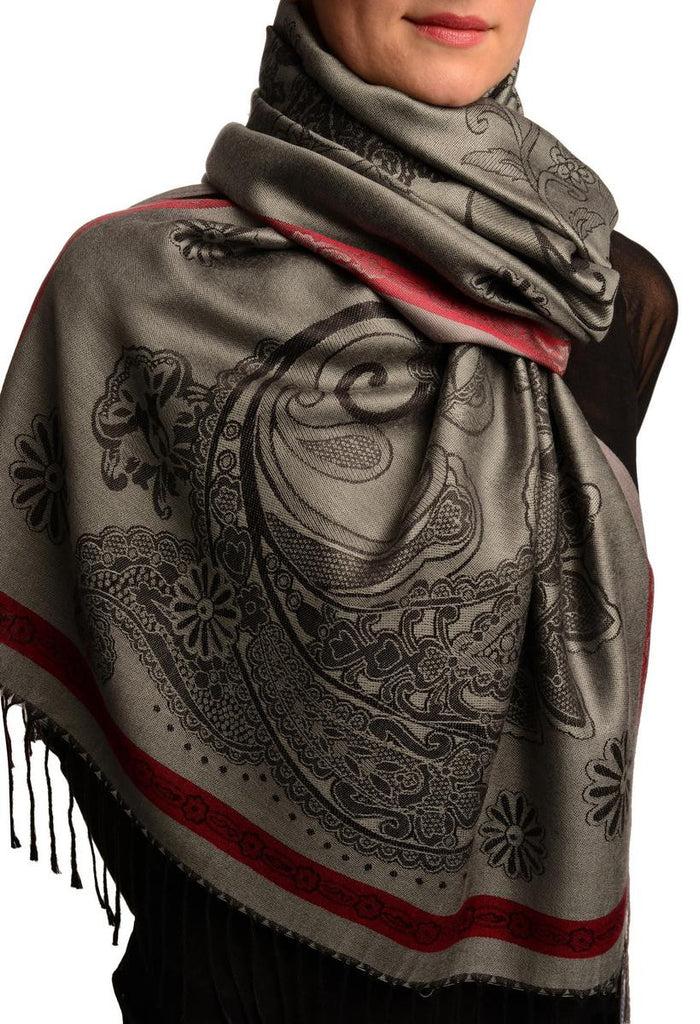 Liss Kiss Red Frame & Paisleys On Grey Pashmina Feel With Tassels - Scarf