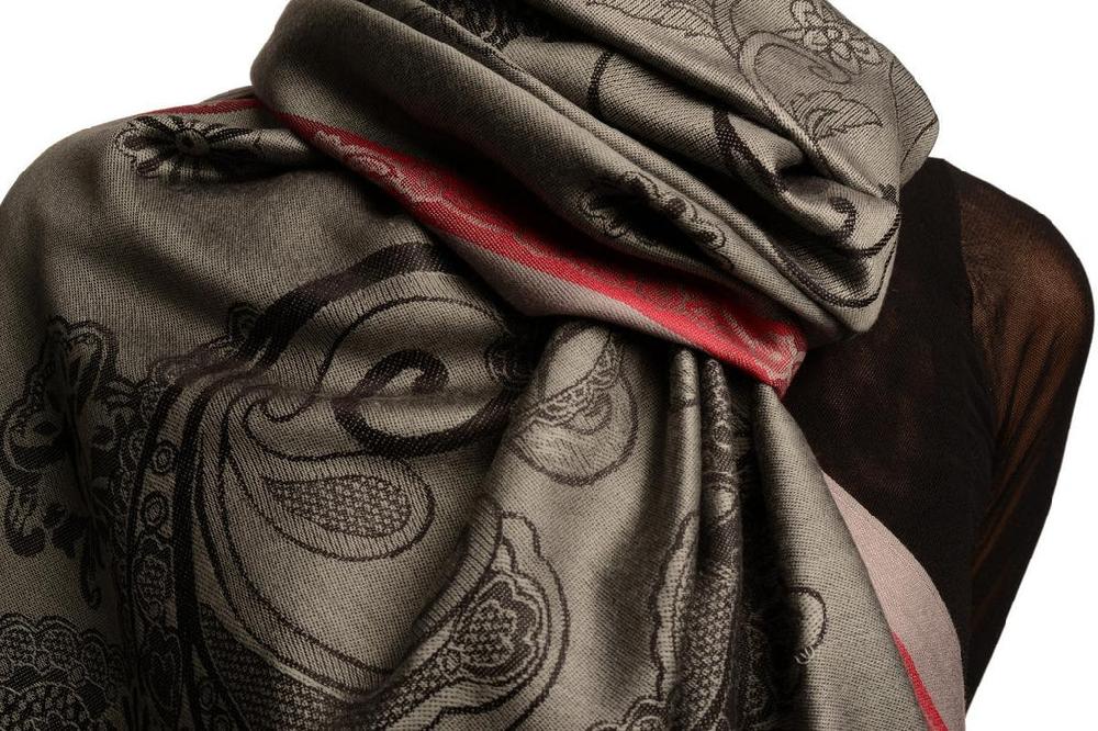 Liss Kiss Red Frame & Paisleys On Grey Pashmina Feel With Tassels - Scarf