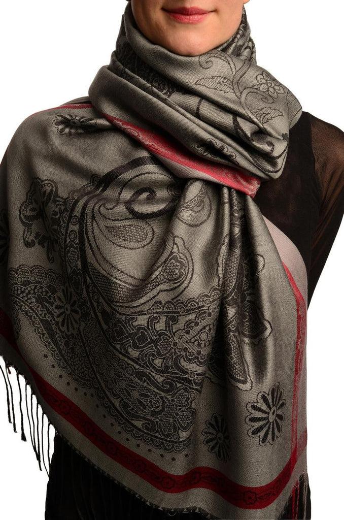 liss kiss Red Frame & Paisleys On Grey Pashmina Feel With Tassels - Scarf