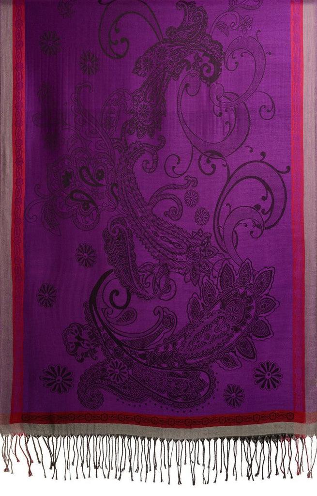 Liss Kiss Red Frame & Paisleys On Indigo Pashmina Feel With Tassels - Scarf