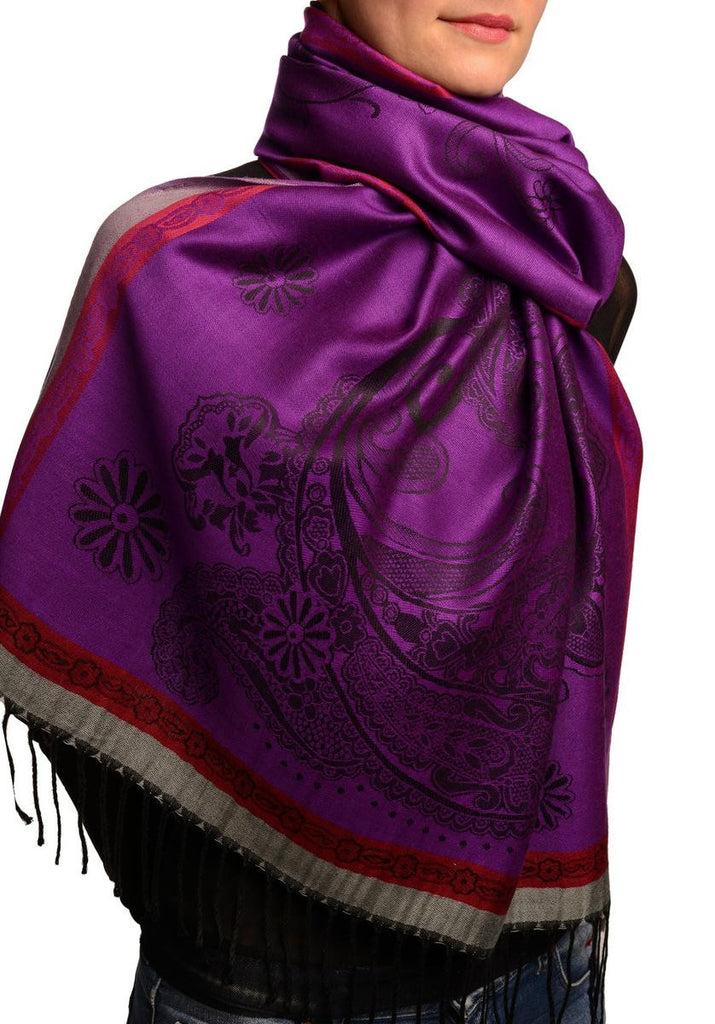 Liss Kiss Red Frame & Paisleys On Indigo Pashmina Feel With Tassels - Scarf