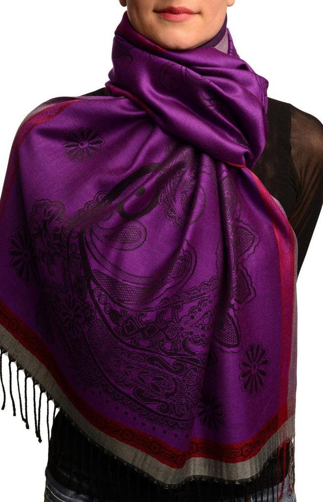 liss kiss Red Frame & Paisleys On Indigo Pashmina Feel With Tassels - Scarf