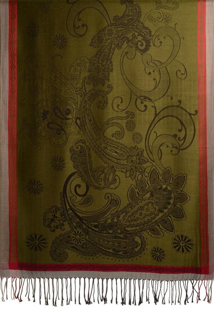 Liss Kiss Red Frame & Paisleys On Olive Green Pashmina Feel With Tassels - Scarf