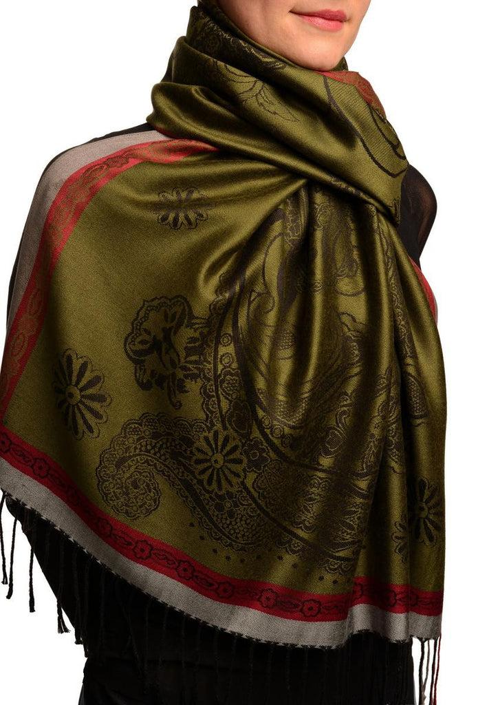 Liss Kiss Red Frame & Paisleys On Olive Green Pashmina Feel With Tassels - Scarf