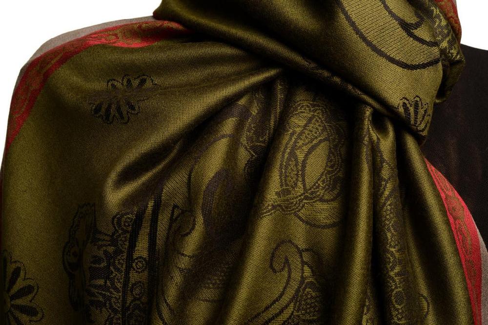 Liss Kiss Red Frame & Paisleys On Olive Green Pashmina Feel With Tassels - Scarf