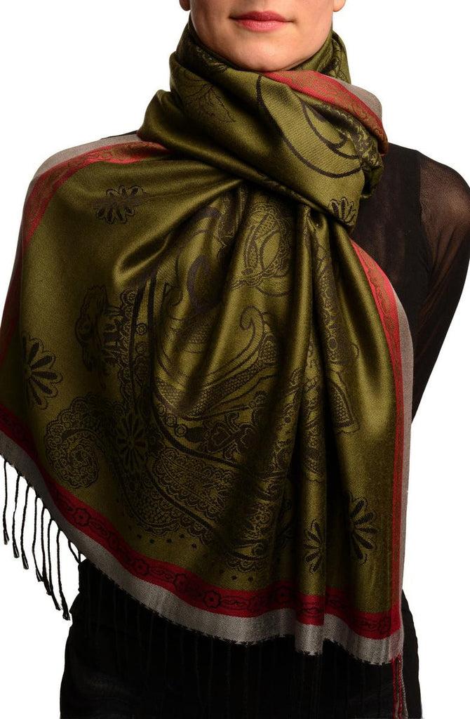 liss kiss Red Frame & Paisleys On Olive Green Pashmina Feel With Tassels - Scarf