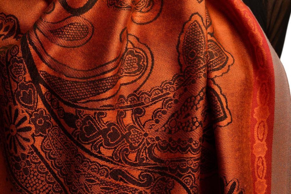 Liss Kiss Red Frame & Paisleys On Orange Pashmina Feel With Tassels - Scarf