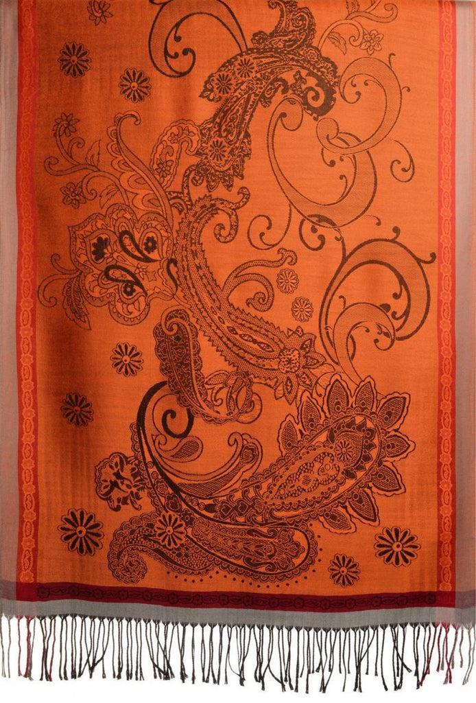 Liss Kiss Red Frame & Paisleys On Orange Pashmina Feel With Tassels - Scarf