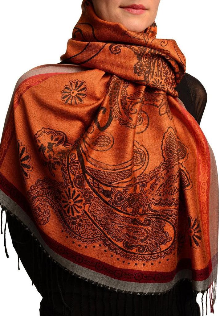 Liss Kiss Red Frame & Paisleys On Orange Pashmina Feel With Tassels - Scarf