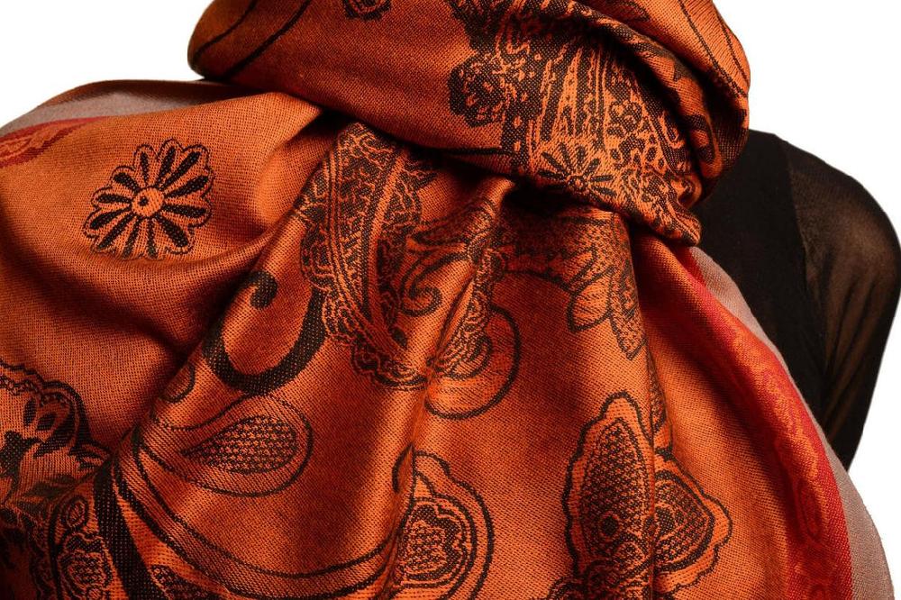 Liss Kiss Red Frame & Paisleys On Orange Pashmina Feel With Tassels - Scarf
