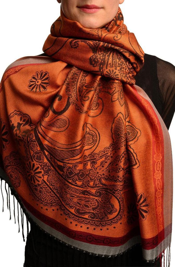liss kiss Red Frame & Paisleys On Orange Pashmina Feel With Tassels - Scarf