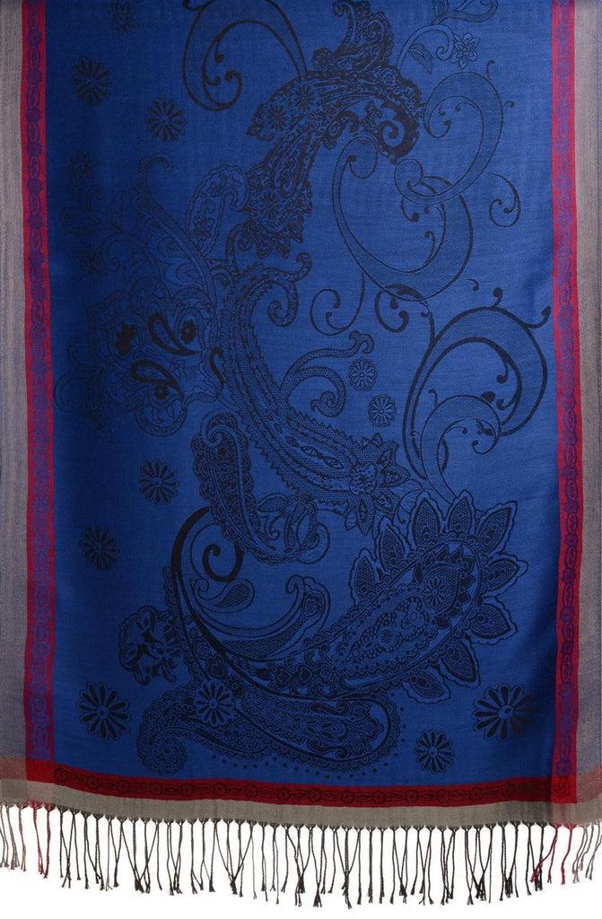 Liss Kiss Red Frame & Paisleys On Persian Blue Pashmina Feel With Tassels - Scarf
