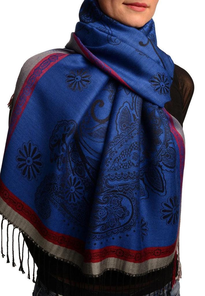 Liss Kiss Red Frame & Paisleys On Persian Blue Pashmina Feel With Tassels - Scarf