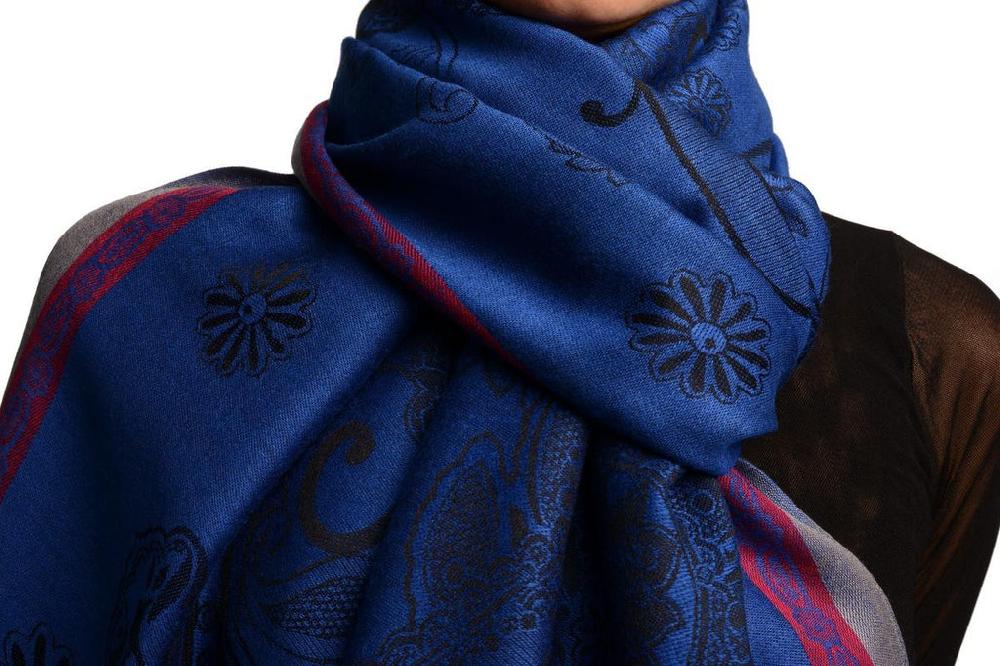 Liss Kiss Red Frame & Paisleys On Persian Blue Pashmina Feel With Tassels - Scarf
