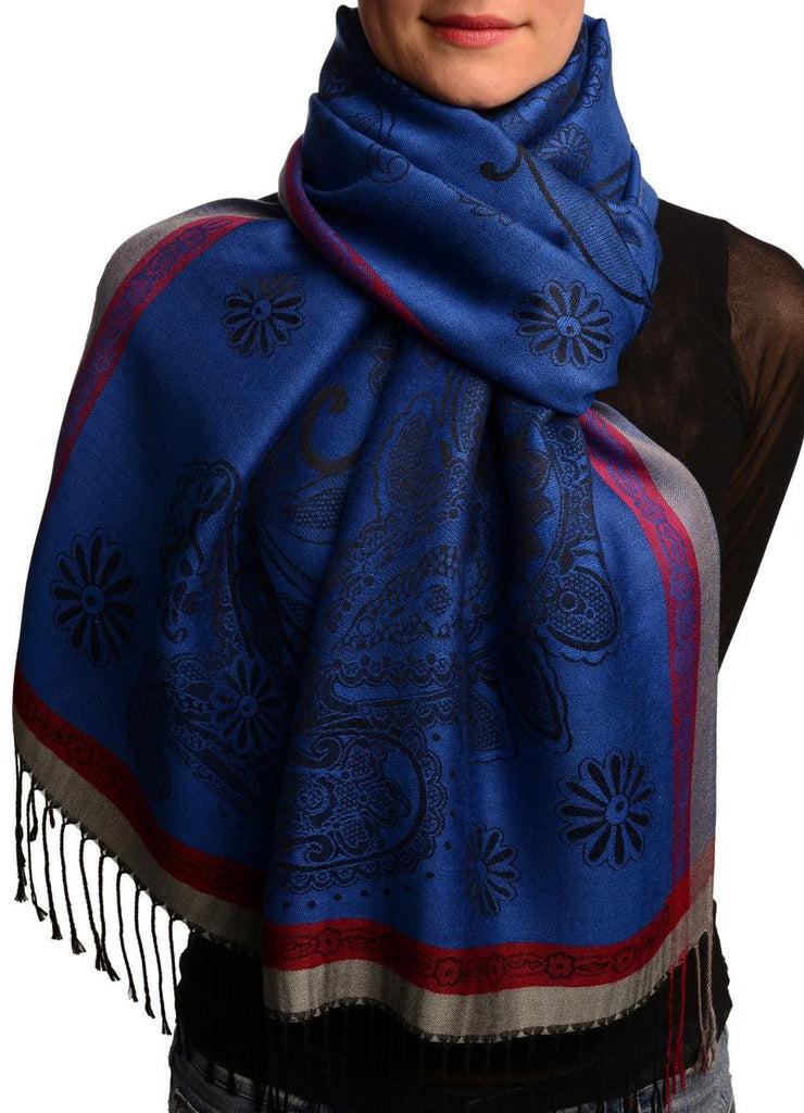 liss kiss Red Frame & Paisleys On Persian Blue Pashmina Feel With Tassels - Scarf