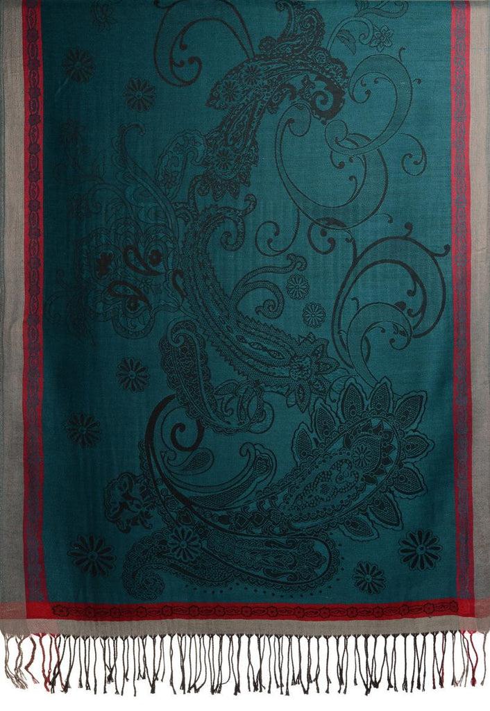 Liss Kiss Red Frame & Paisleys On Prussian Blue Pashmina Feel With Tassels - Scarf