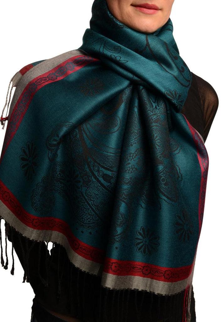 Liss Kiss Red Frame & Paisleys On Prussian Blue Pashmina Feel With Tassels - Scarf