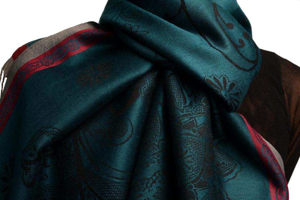 Liss Kiss Red Frame & Paisleys On Prussian Blue Pashmina Feel With Tassels - Scarf