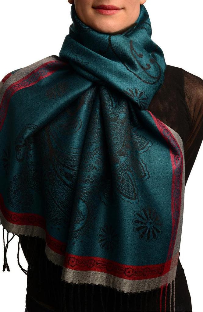 liss kiss Red Frame & Paisleys On Prussian Blue Pashmina Feel With Tassels - Scarf
