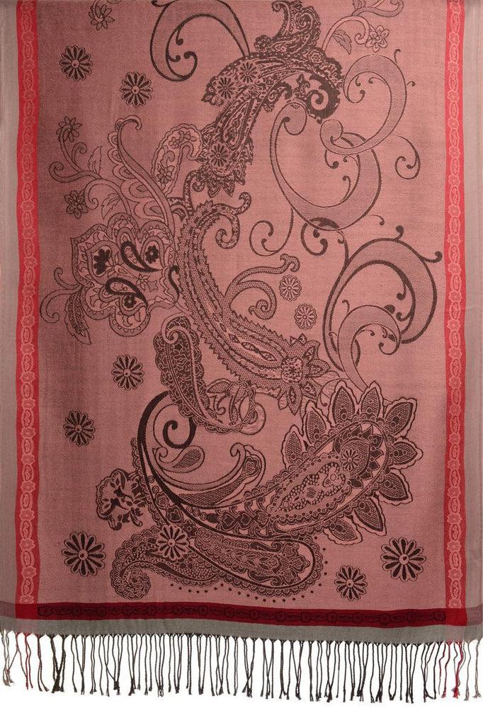 Liss Kiss Red Frame & Paisleys On Puce Pink Pashmina Feel With Tassels - Scarf