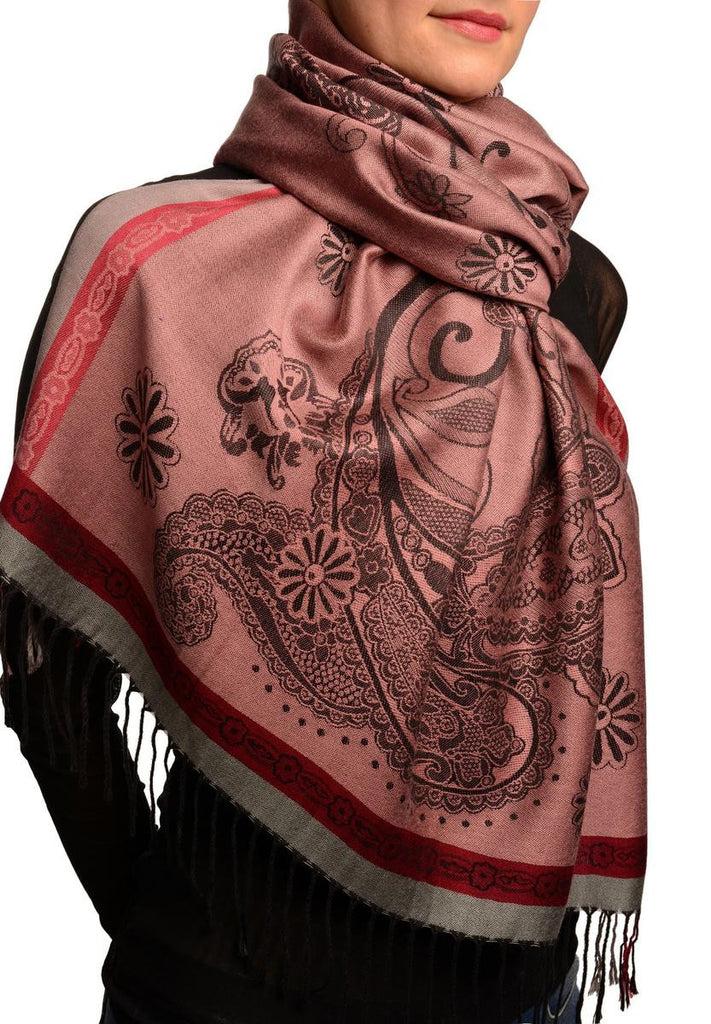Liss Kiss Red Frame & Paisleys On Puce Pink Pashmina Feel With Tassels - Scarf