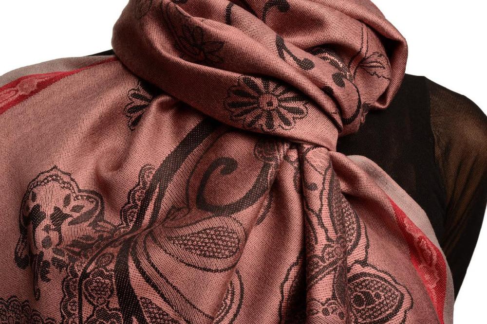 Liss Kiss Red Frame & Paisleys On Puce Pink Pashmina Feel With Tassels - Scarf