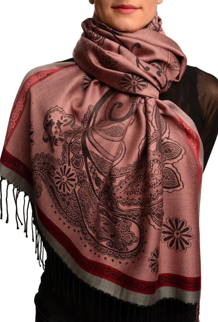 liss kiss Red Frame & Paisleys On Puce Pink Pashmina Feel With Tassels - Scarf