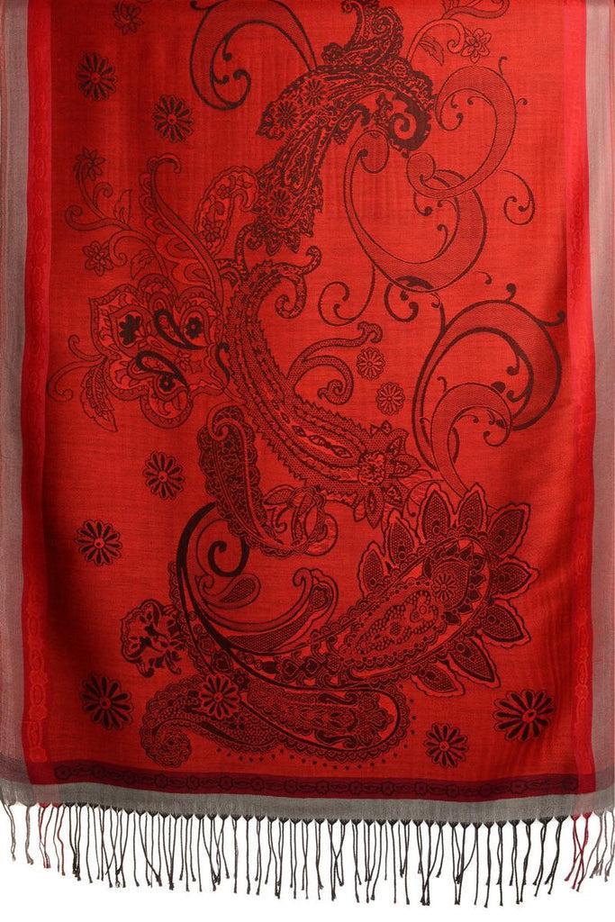 Liss Kiss Red Frame & Paisleys On Red Pashmina Feel With Tassels - Scarf