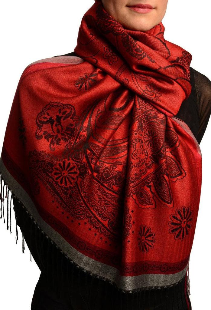 Liss Kiss Red Frame & Paisleys On Red Pashmina Feel With Tassels - Scarf