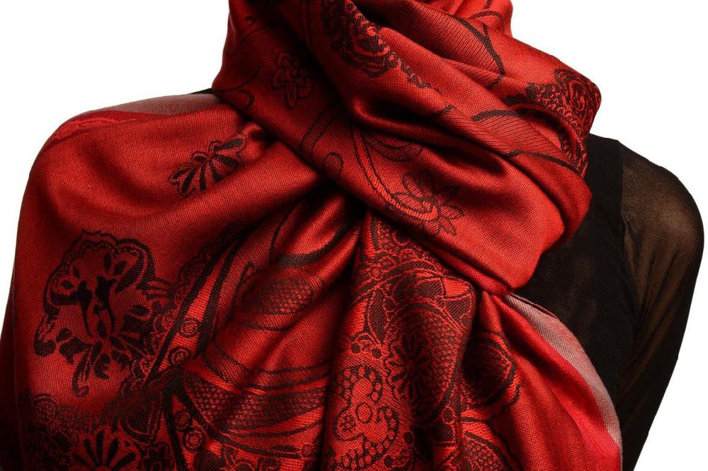 Liss Kiss Red Frame & Paisleys On Red Pashmina Feel With Tassels - Scarf