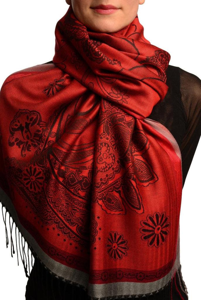 liss kiss Red Frame & Paisleys On Red Pashmina Feel With Tassels - Scarf