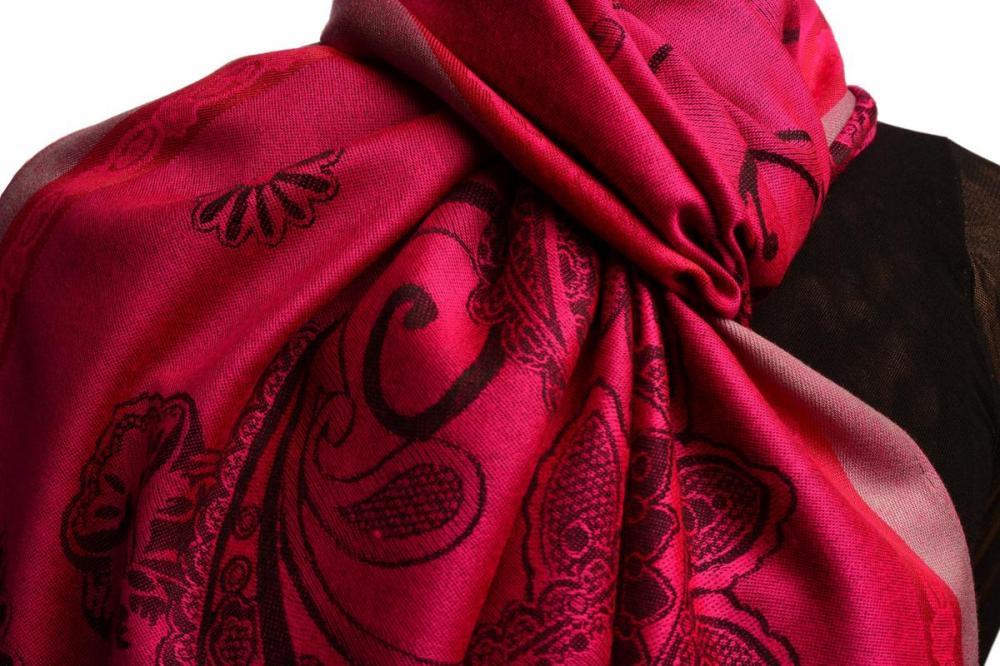 Liss Kiss Red Frame & Paisleys On Ruby Pink Pashmina Feel With Tassels - Scarf