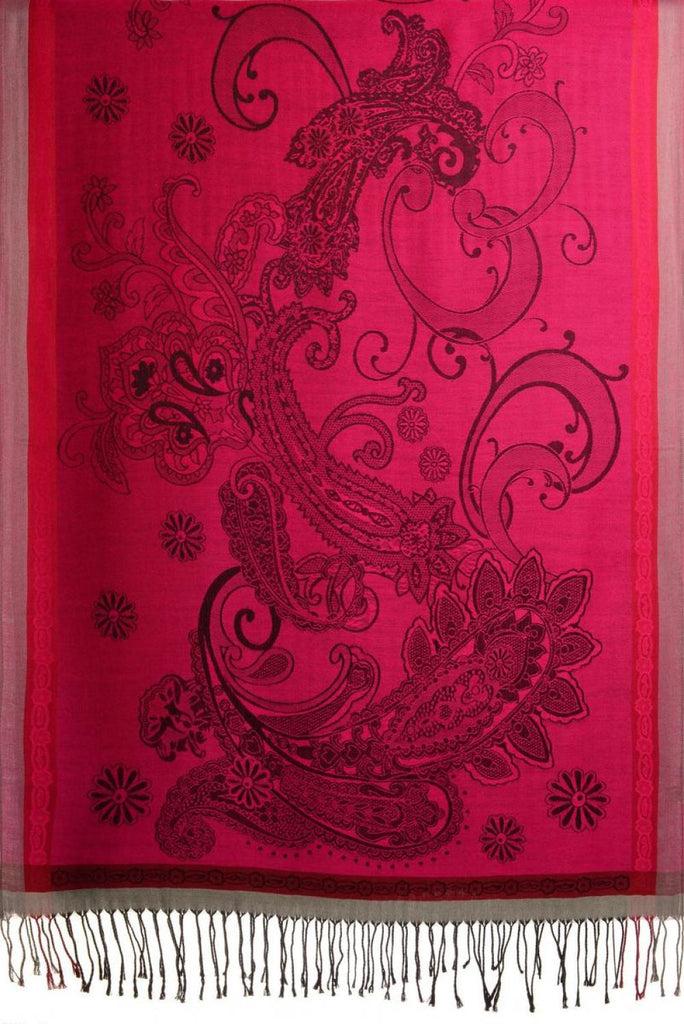Liss Kiss Red Frame & Paisleys On Ruby Pink Pashmina Feel With Tassels - Scarf