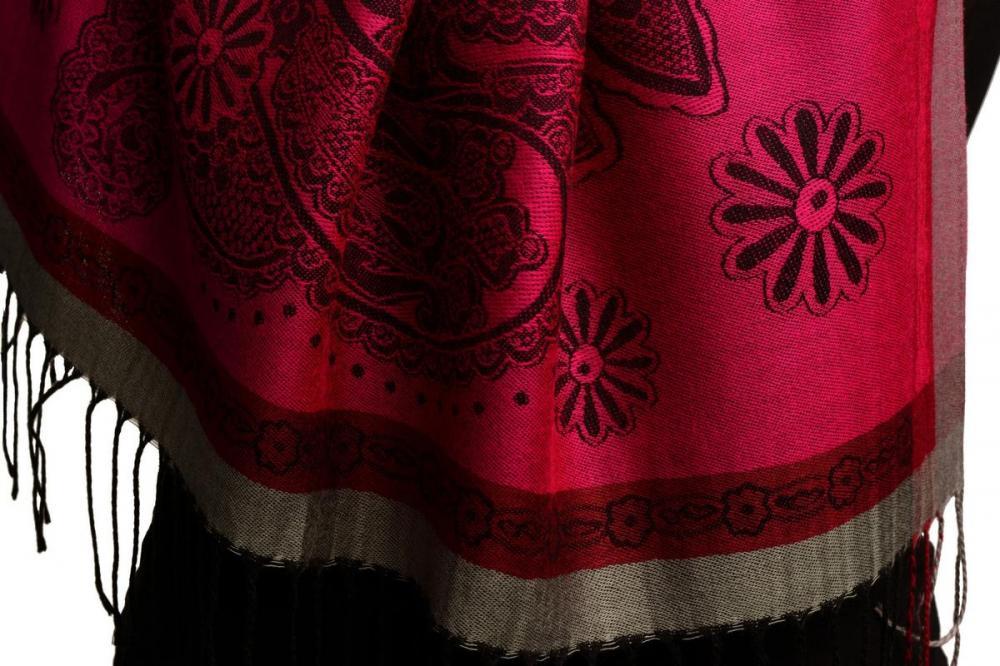 Liss Kiss Red Frame & Paisleys On Ruby Pink Pashmina Feel With Tassels - Scarf