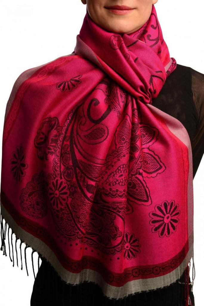 liss kiss Red Frame & Paisleys On Ruby Pink Pashmina Feel With Tassels - Scarf