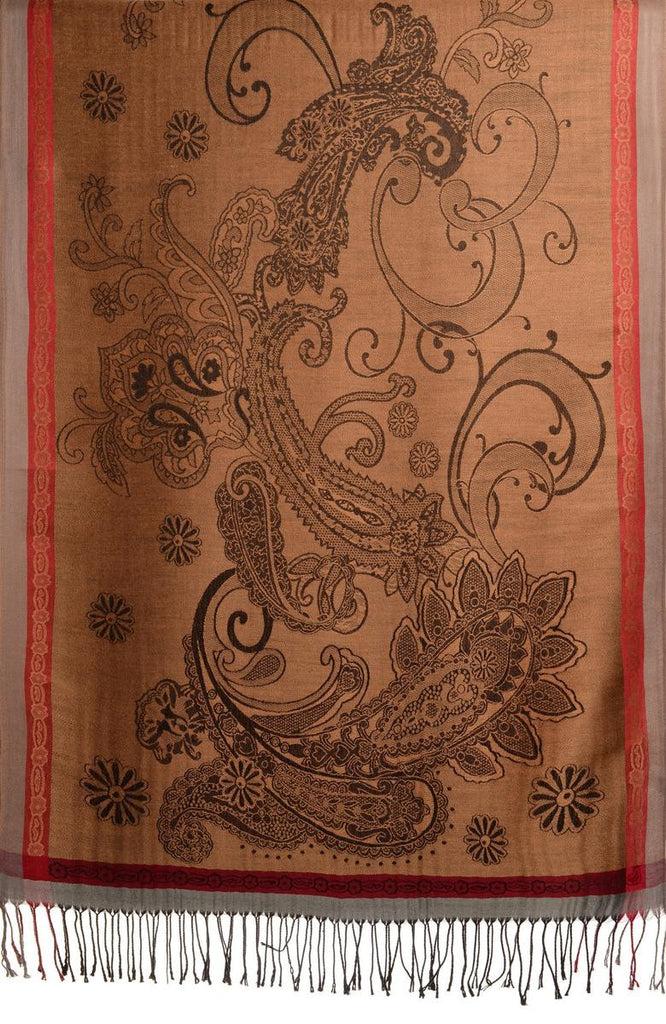 Liss Kiss Red Frame & Paisleys On Sienna Brown Pashmina Feel With Tassels - Scarf